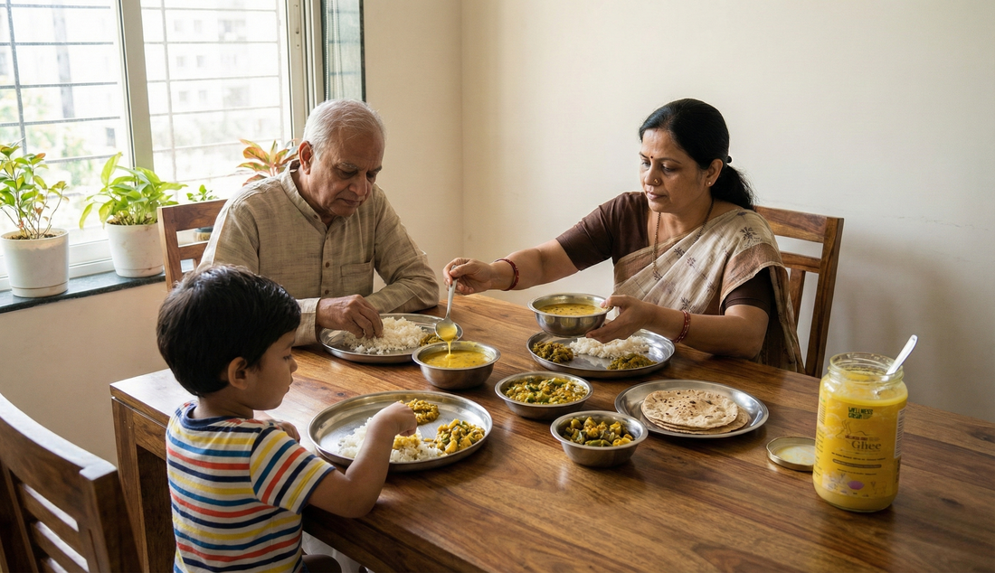 Family preparing festive food with Wellness Grain A2 ghee