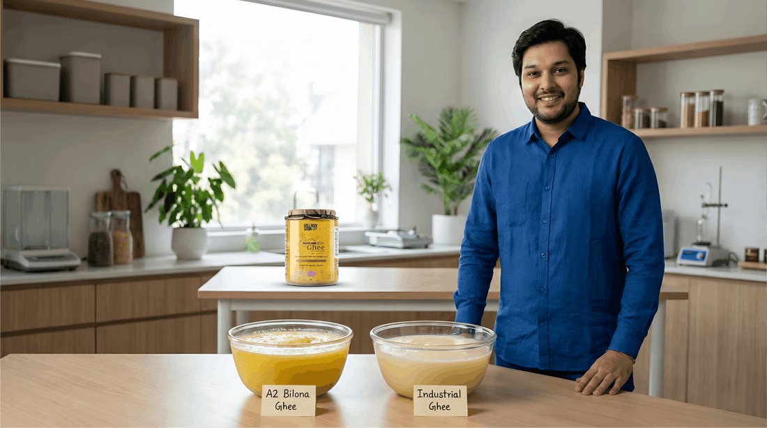 Founder of Wellness Grain comparing A2 bilona ghee and regular ghee in a modern food education setting