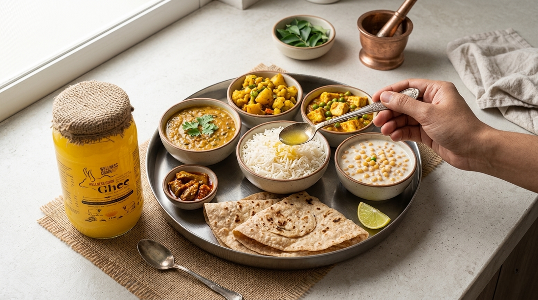 A traditional Indian thali featuring Wellness Grain A2 ghee