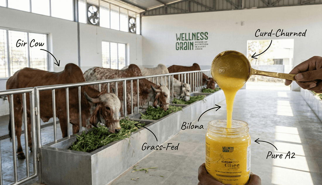 Modern Gir cow shed showing grass-fed cows and bilona ghee being poured into a Wellness Grain A2 ghee jar, highlighting purity markers