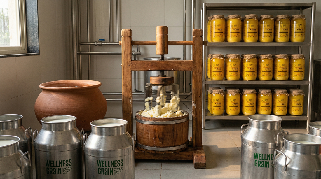 Traditional milk can and Wellness Grain A2 ghee jars