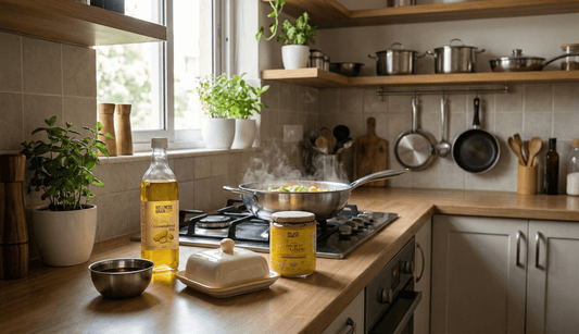 Different cooking fats used in an Indian kitchen, including oils, butter, and A2 ghee arranged for everyday cooking