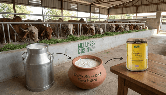 Different cooking fats used in an Indian kitchen, including oils, butter, and A2 ghee arranged for everyday cooking