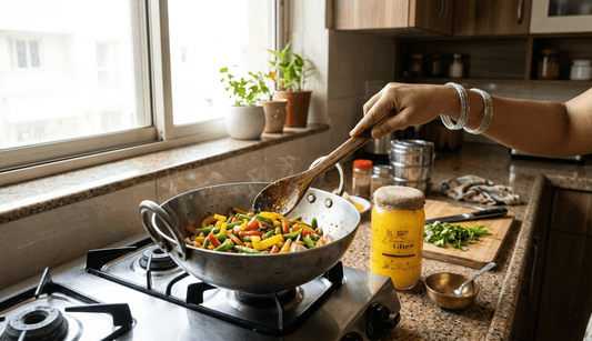 Indian vegetables being sautéed in ghee during home cooking with ghee jar on kitchen counter