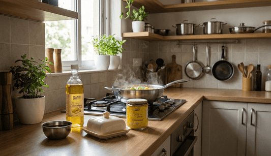 Different cooking fats used in an Indian kitchen, including oils, butter, and A2 ghee arranged for everyday cooking