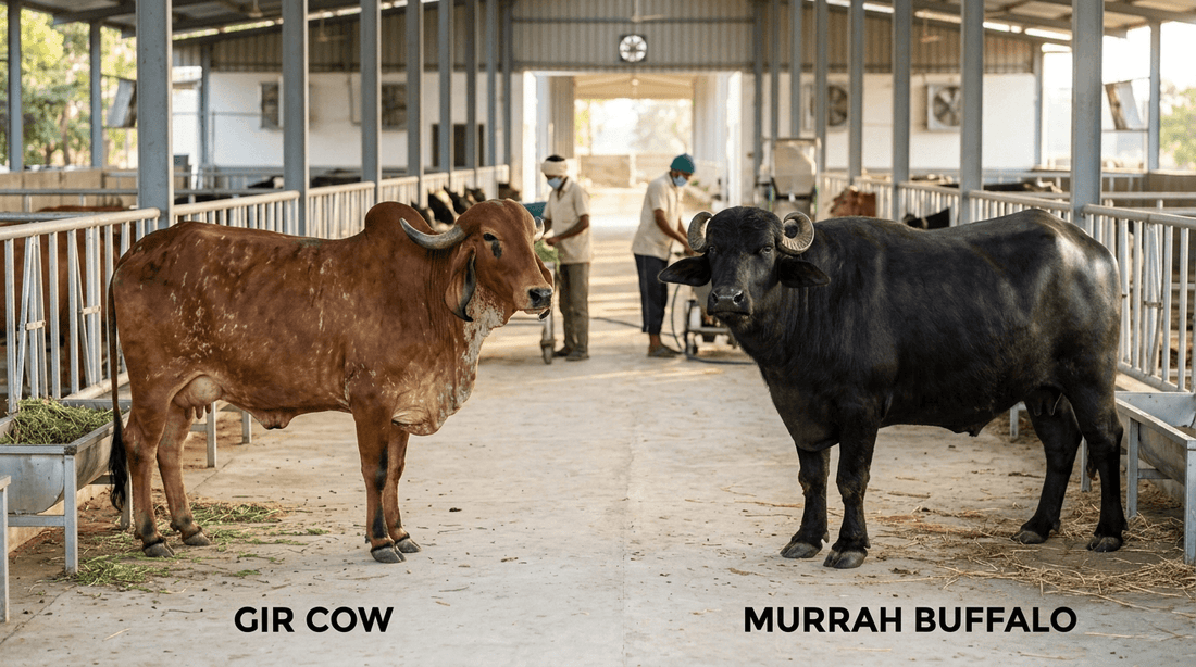 Comparison of cow ghee and buffalo ghee showing texture and color differences