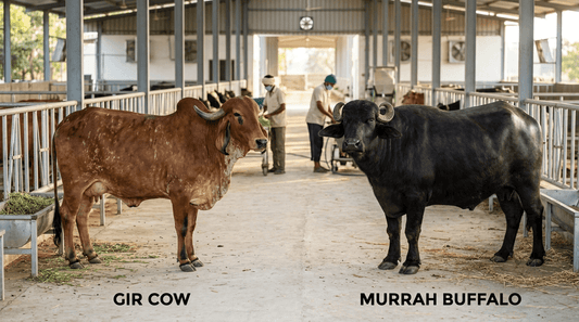 Comparison of cow ghee and buffalo ghee showing texture and color differences