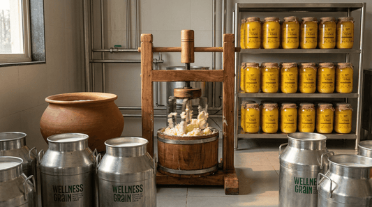 A2 Milk to A2 ghee transformation showing how large quantities of milk are required to produce pure ghee