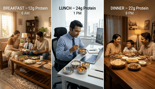 Family eating together with protein content highlighed on each meall breakfast, afternoon and Dinner