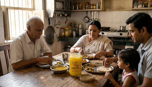 Indian family using small amount of A2 bilona ghee in daily home-cooked meal