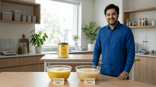 Founder of Wellness Grain comparing A2 bilona ghee and regular ghee in a modern food education setting