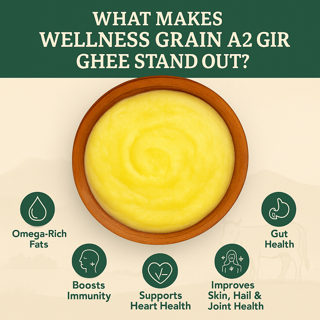 Wellness Grain A2 ghee product with key selling points