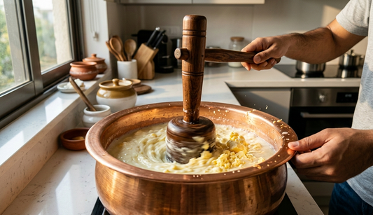 Traditional bilona method of making A2 ghee from fermented curd using wooden churner and slow heating