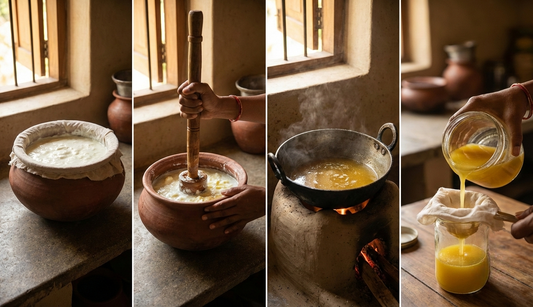 Traditional bilona method of making A2 ghee using curd and slow heating