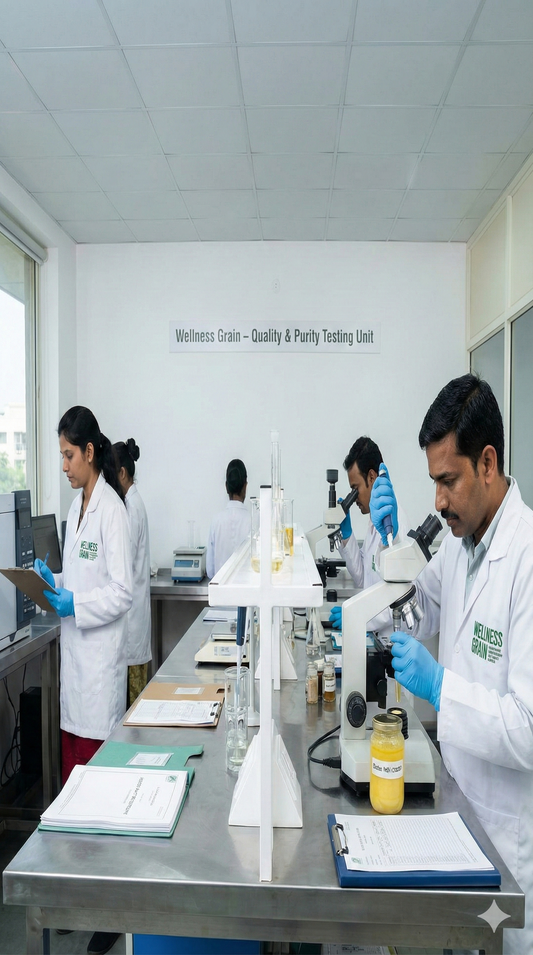 Wellness Grain food testing laboratory analyzing ghee samples for purity and adulteration detection in India