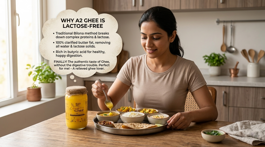 Person with lactose intolerance adding small spoon of A2 ghee to meal