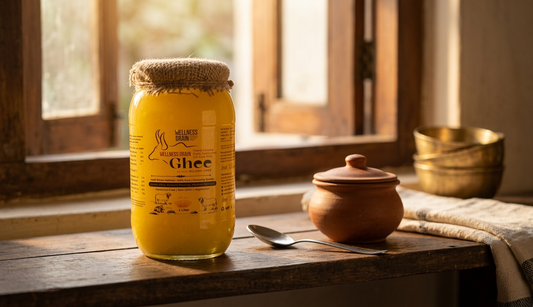 Glass jar storing pure A2 bilona ghee in a clean Indian kitchen shelf