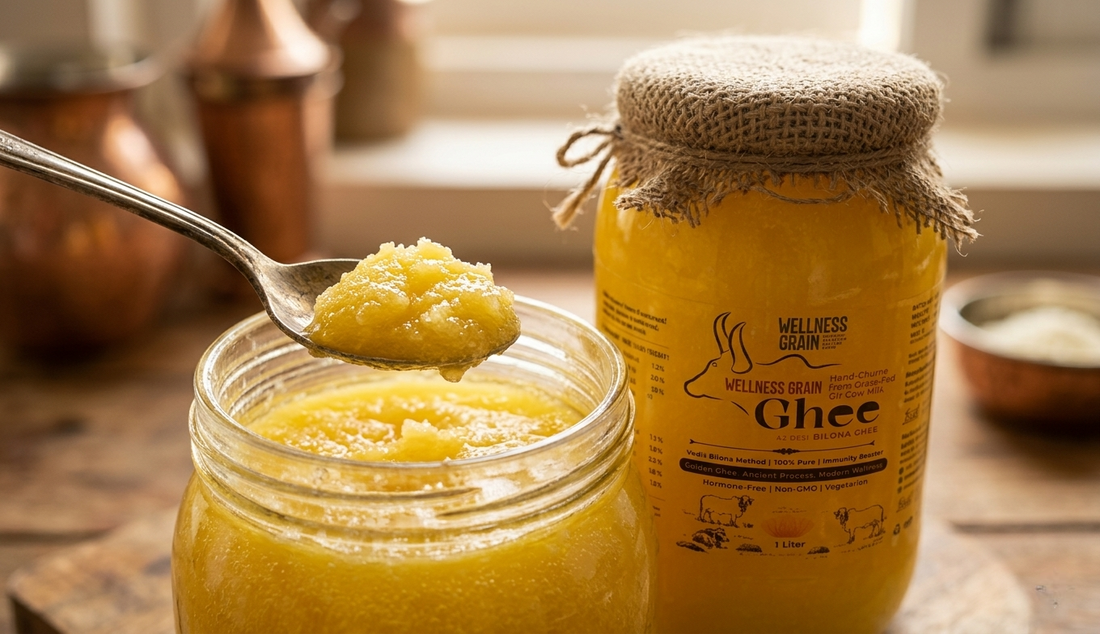 A spoon of Wellness Grain A2 ghee used in traditional Ayurvedic rituals