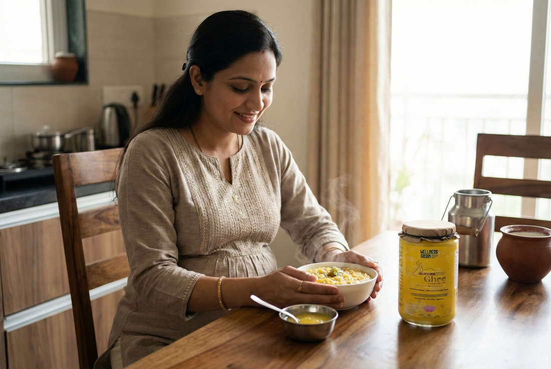 Woman using Wellness Grain A2 ghee as part of a beauty ritual