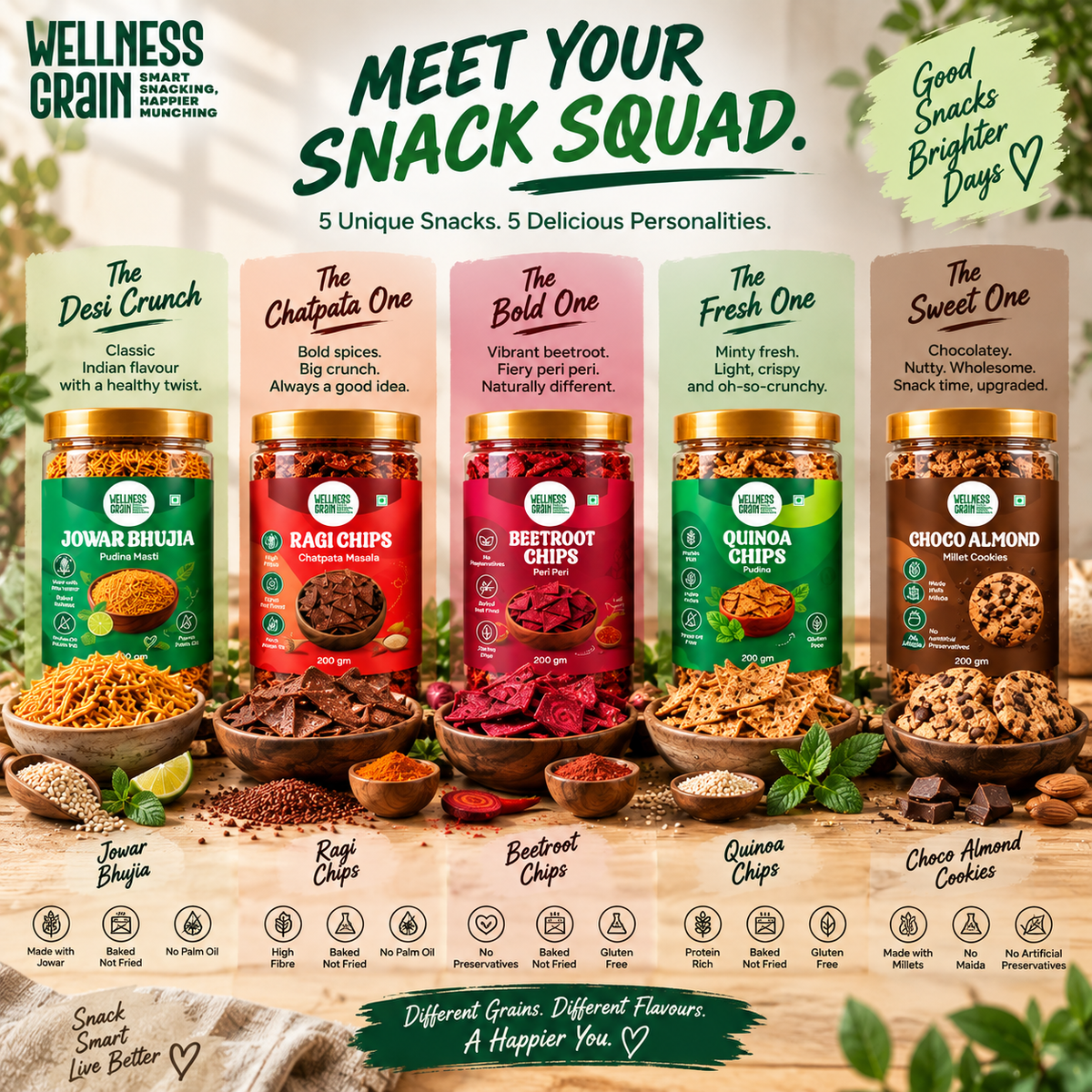 Wellness Grain 5-Snack Variety Bundle | Jowar Bhujia, Ragi Chips, Beetroot Chips, Quinoa Chips & Choco Almond Millet Cookies