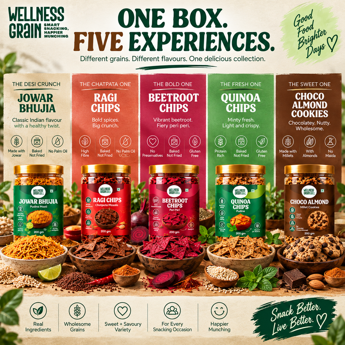 Wellness Grain 5-Snack Variety Bundle | Jowar Bhujia, Ragi Chips, Beetroot Chips, Quinoa Chips & Choco Almond Millet Cookies