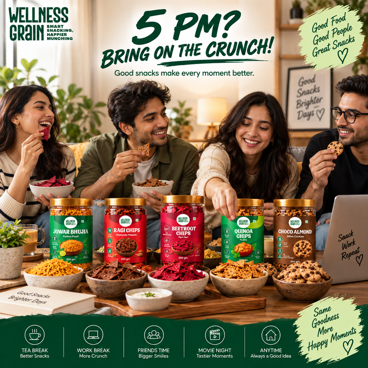 Wellness Grain 5-Snack Variety Bundle | Jowar Bhujia, Ragi Chips, Beetroot Chips, Quinoa Chips & Choco Almond Millet Cookies