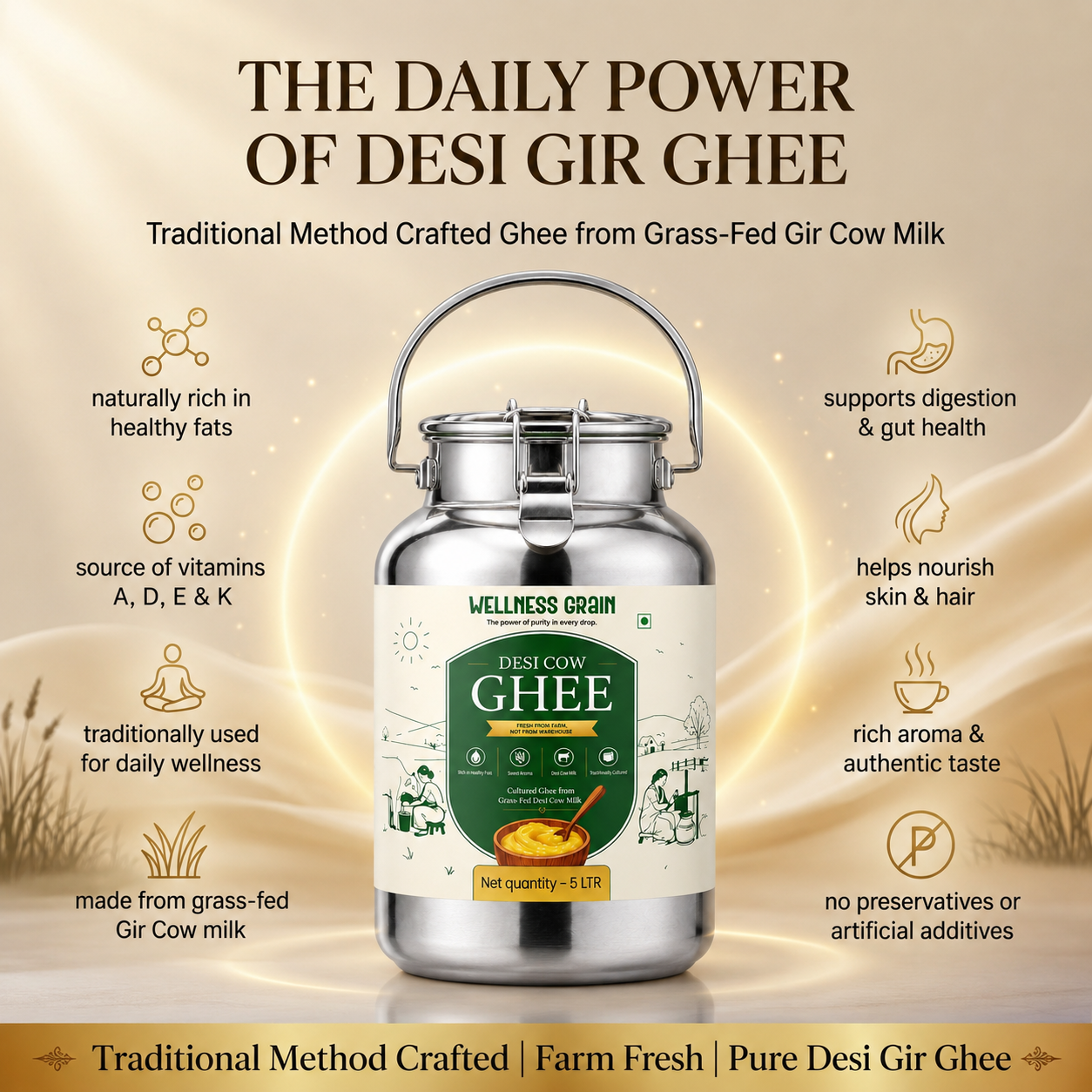 5L A2 Desi Cow Ghee – Cultured, Danedar & Ethically Sourced
