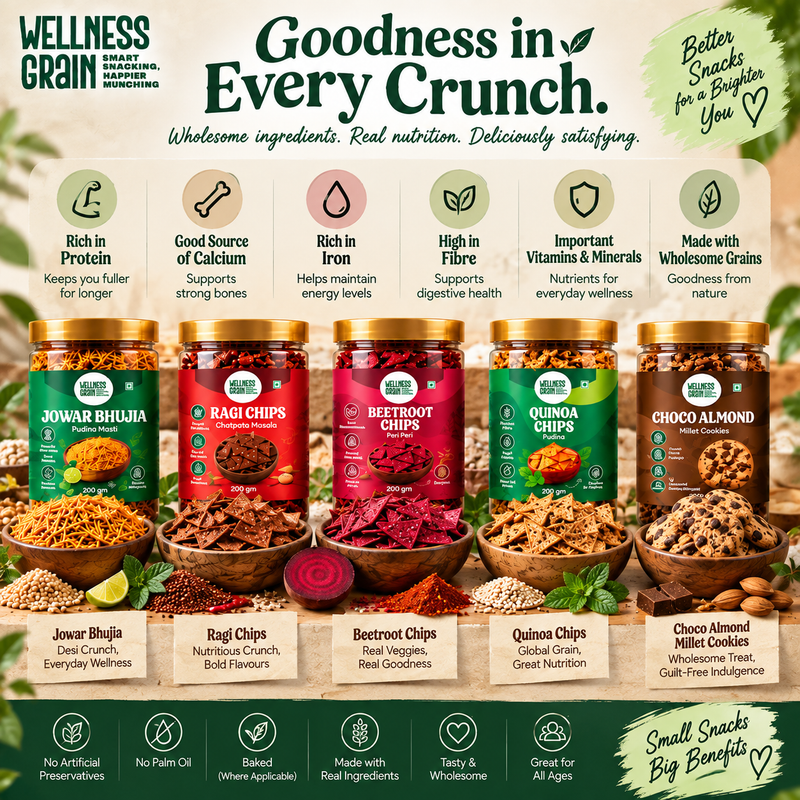 Wellness Grain 5-Snack Variety Bundle | Jowar Bhujia, Ragi Chips, Beetroot Chips, Quinoa Chips & Choco Almond Millet Cookies