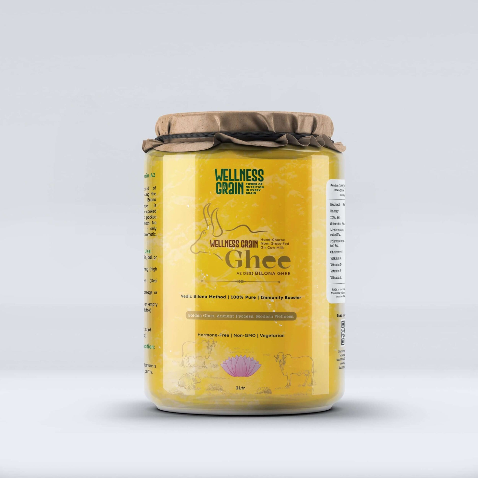 Pure A2 desi ghee made from Gir cow milk using bilona method