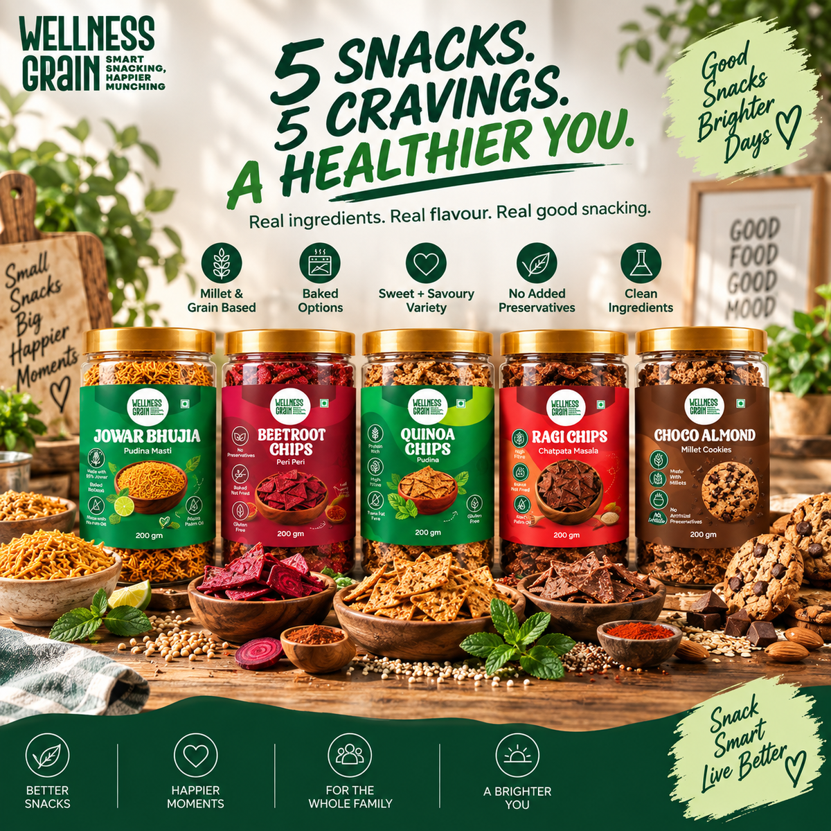 Wellness Grain 5-Snack Variety Bundle | Jowar Bhujia, Ragi Chips, Beetroot Chips, Quinoa Chips & Choco Almond Millet Cookies