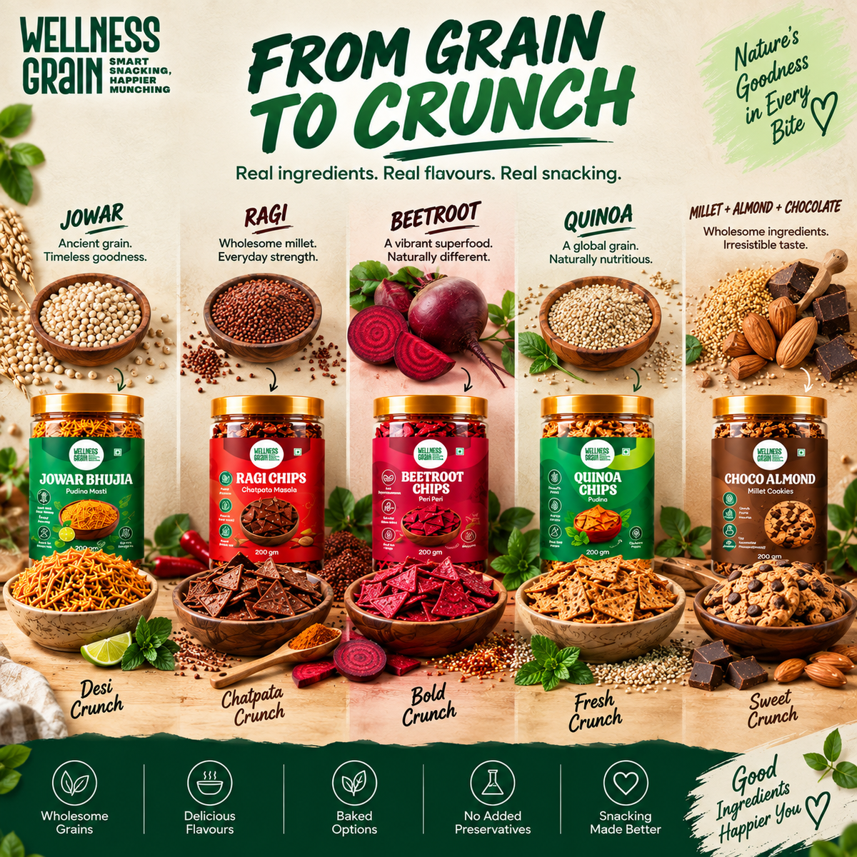 Wellness Grain 5-Snack Variety Bundle | Jowar Bhujia, Ragi Chips, Beetroot Chips, Quinoa Chips & Choco Almond Millet Cookies