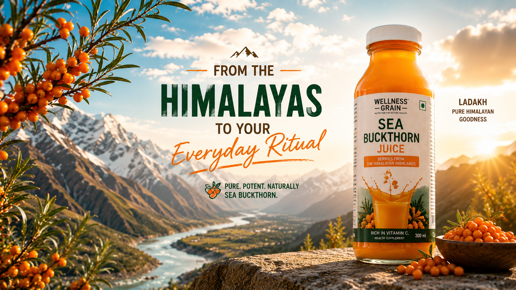 Load video: Wellness Grain Sea Buckthorn Juice process showing Himalayan sea buckthorn berries, harvesting, processing and transformation into bottled sea buckthorn juice.
