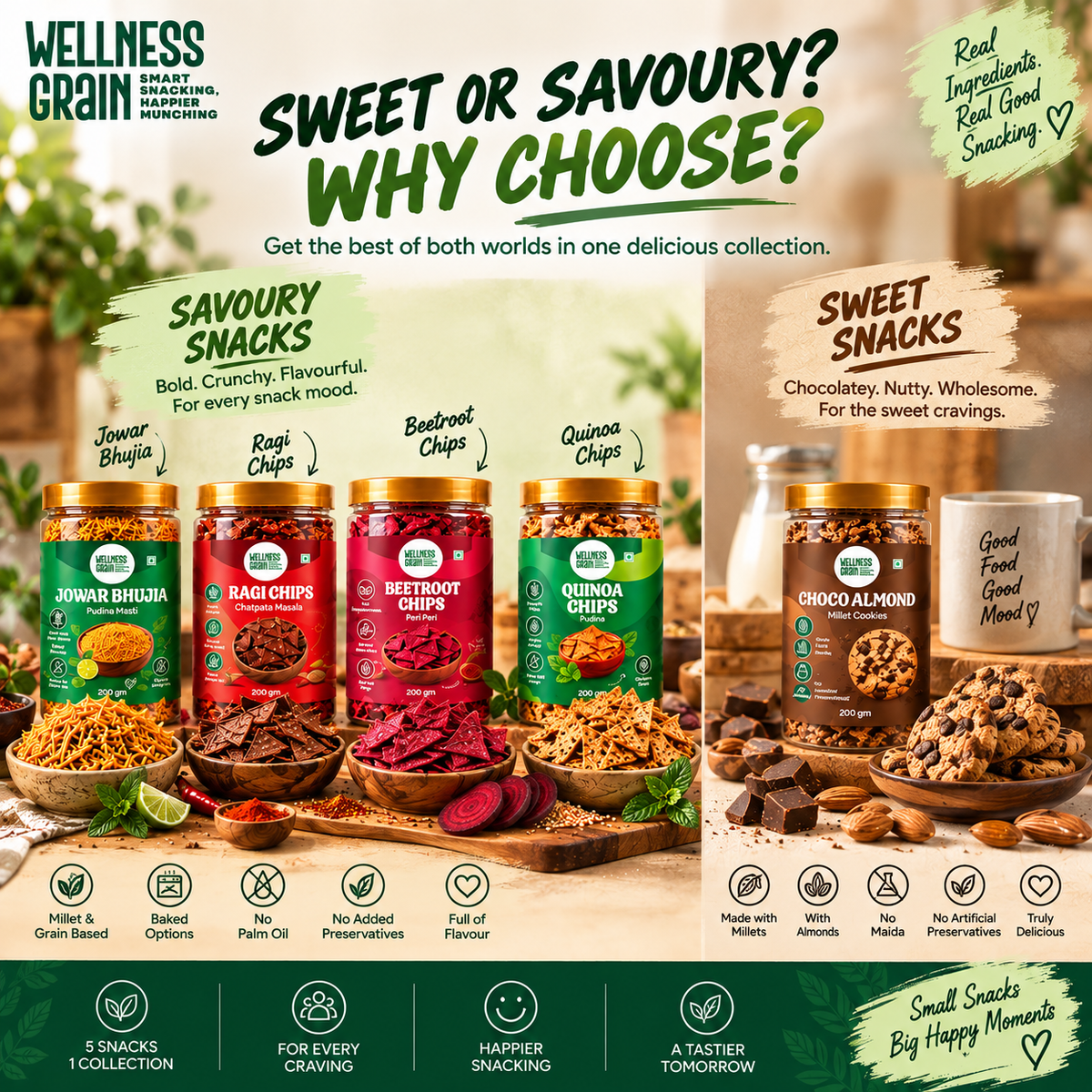 Wellness Grain 5-Snack Variety Bundle | Jowar Bhujia, Ragi Chips, Beetroot Chips, Quinoa Chips & Choco Almond Millet Cookies